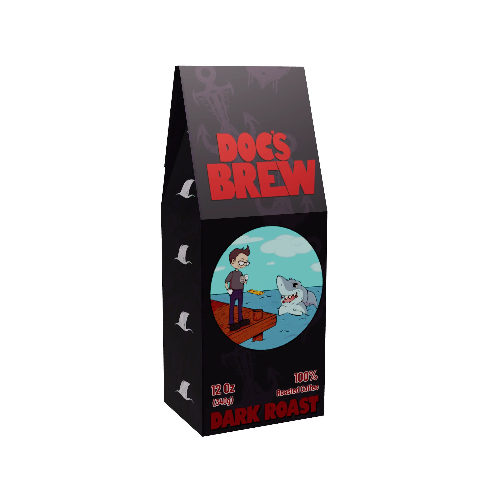 Docs Brew dark roast coffee package, illustrated by CapnBootz